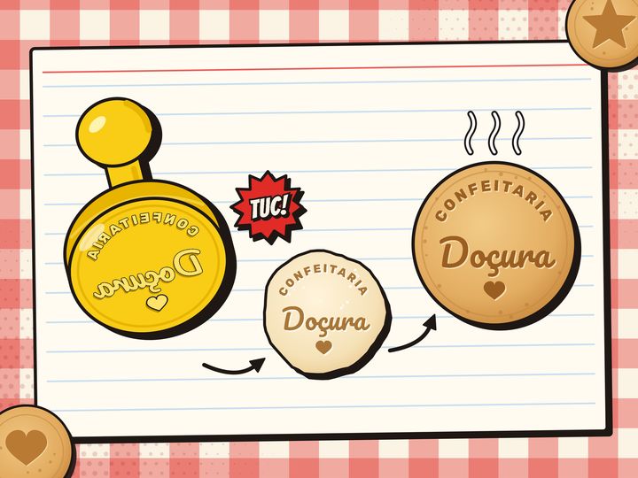 Ilustração de carimbo de biscoito com o nome Doçura marcado na massa e no biscoito assado