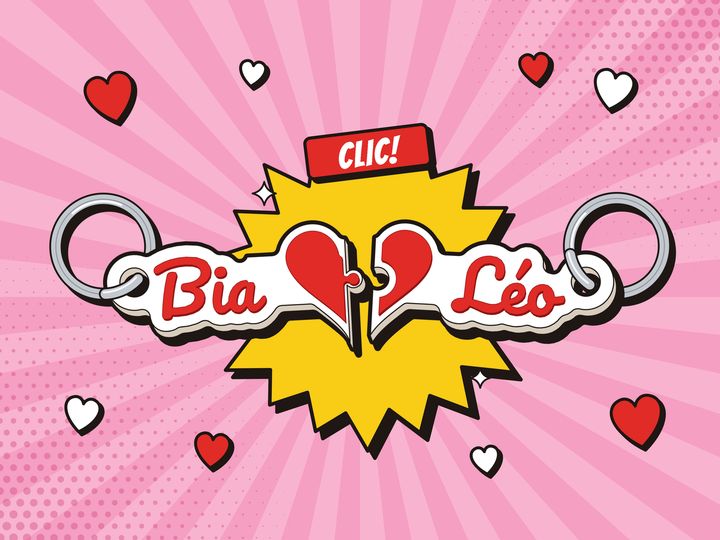 Ilustração de chaveiro de casal com os nomes Bia e Léo que se encaixam formando um coração