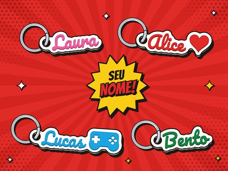 Ilustração de quatro estilos de chaveiro com nome: Laura, Alice com coração, Lucas gamer e Bento
