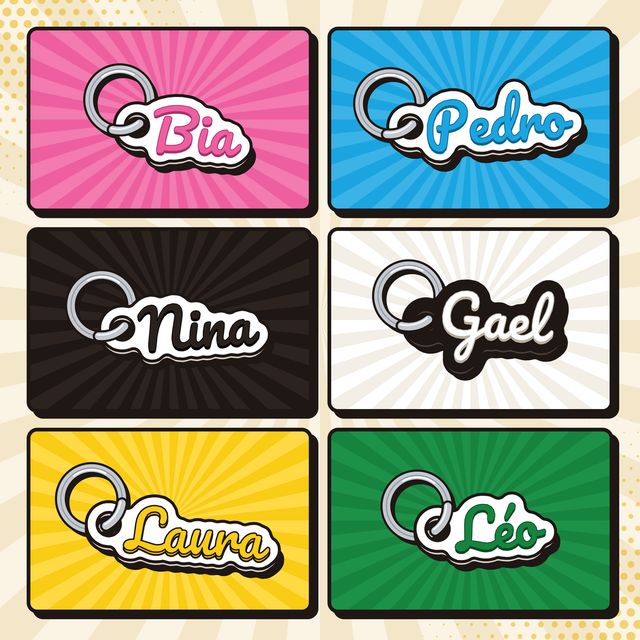 Ilustração de seis chaveiros com nome, um em cada cor: rosa, azul, preto, branco, amarelo e verde