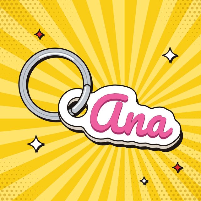 Ilustração de chaveiro com o nome Ana em rosa sobre base branca, com argola de metal