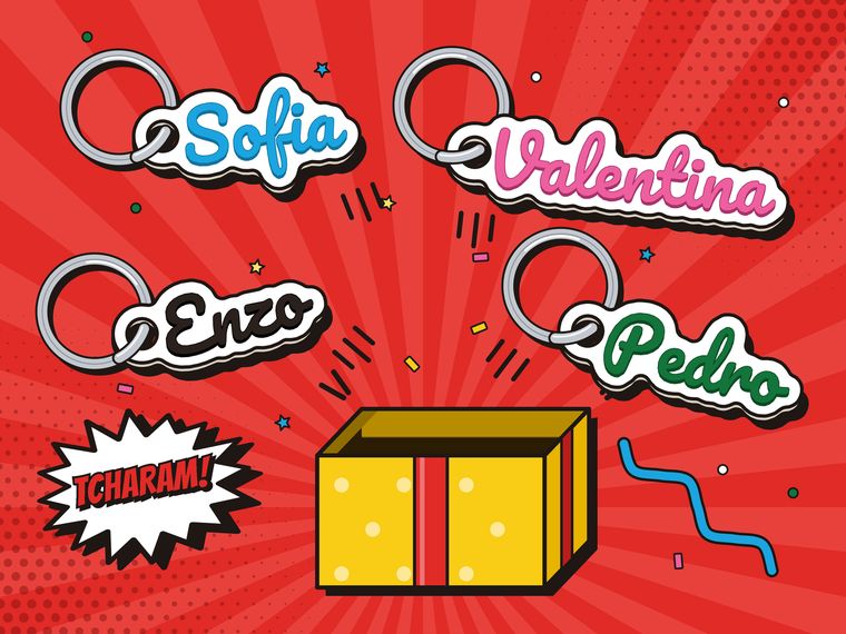 Ilustração de caixa de presente aberta cheia de chaveiros com nomes para lembrancinha