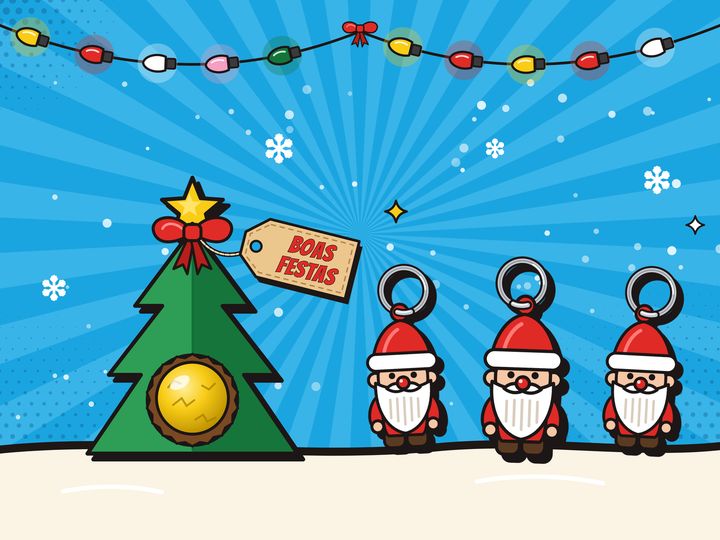 Ilustração de chaveiros de Papai Noel e pinheirinho porta-bombom embalados com etiqueta de boas festas