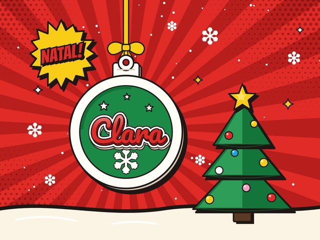 Ilustração de bola de Natal com o nome Clara e árvore de Natal