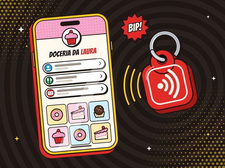 Ilustração de chaveiro NFC encostando num celular que abre a página de uma doceria