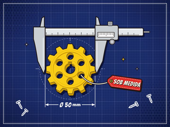 Ilustração de engrenagem amarela impressa em 3D sendo medida com um paquímetro