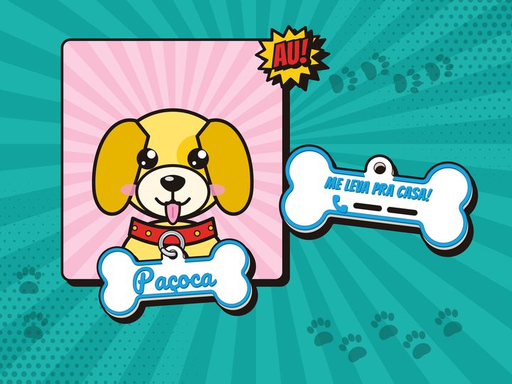 Ilustração de cachorrinho com tag de coleira em formato de osso com o nome Paçoca